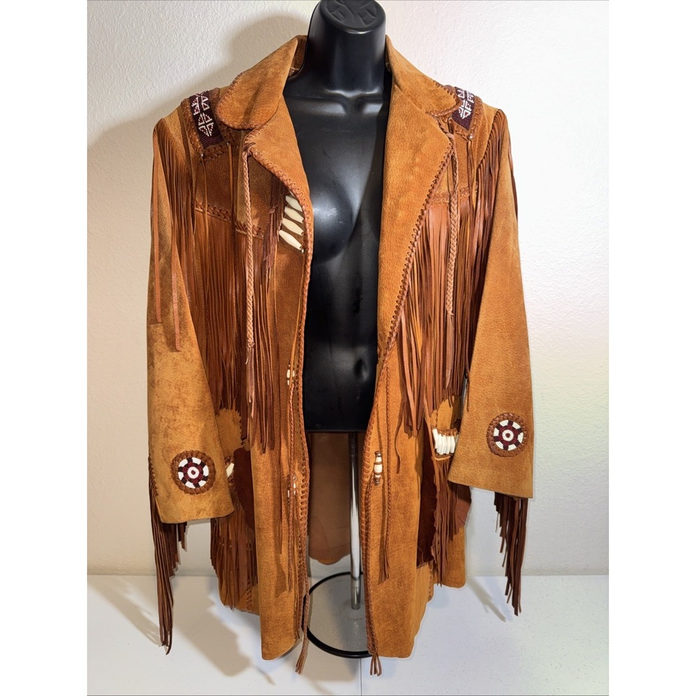 Vintage 80s Echo Mountain Suede Western Jacket Fringe Beaded 42 L Unisex XL BOHO